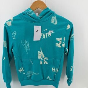 Nike Kids Hoodie Teal All Over Print Graphic Logo Sweatshirt Size M NEW